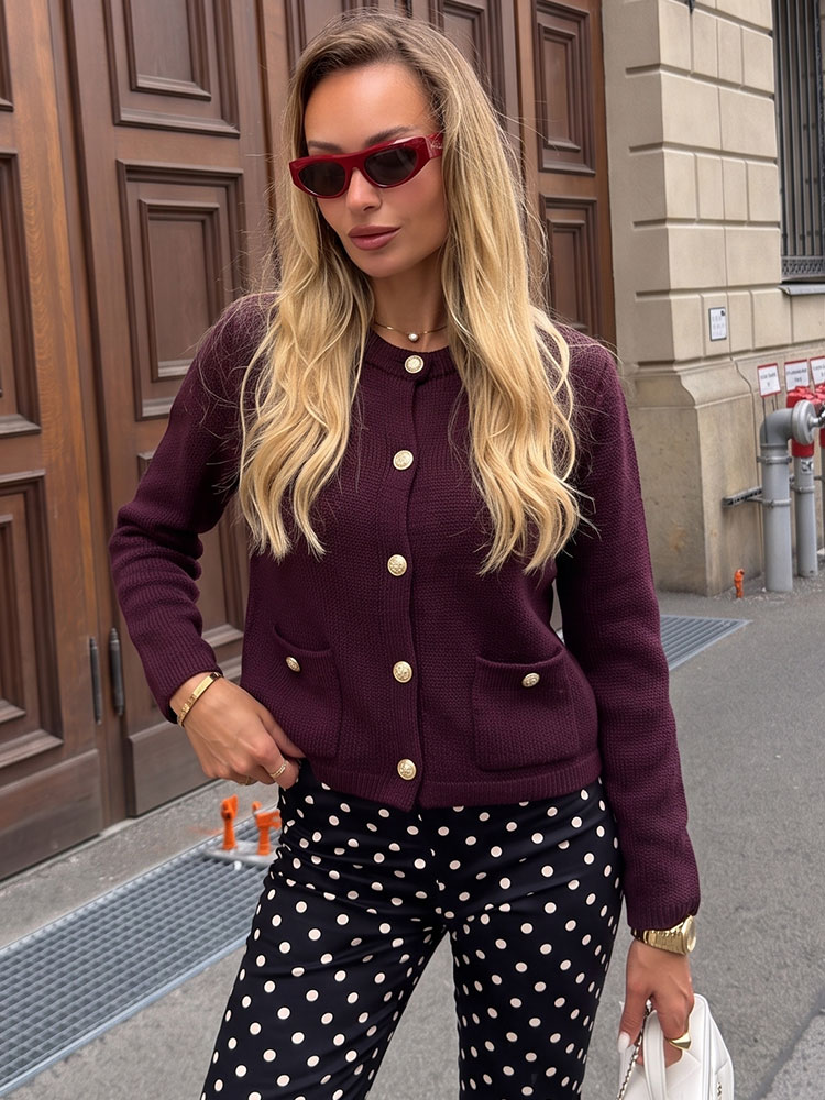 Crop Cardigan Vintage - HH ヴィンテージ女性ソリッドスリムポケットクロップドエレガントパーティートップ長袖シングルブレスト O ネックカジュアル秋休暇カーディガン