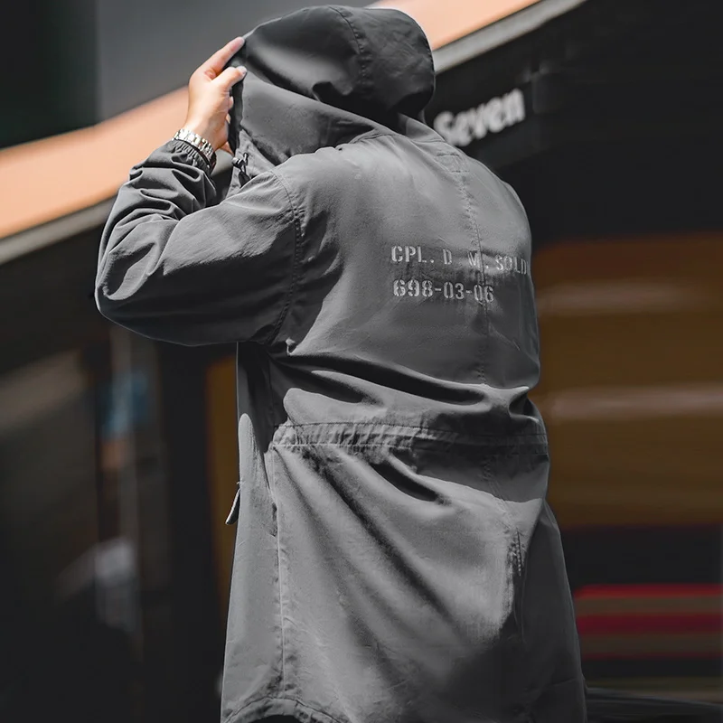 Vintage Windbreaker Nylon - レトロ戦術 M51 ウインドブレーカーフード付きパーカーフィッシングテール裾プリントジャケットロング丈グレーオーバーコートメンズ秋アウター