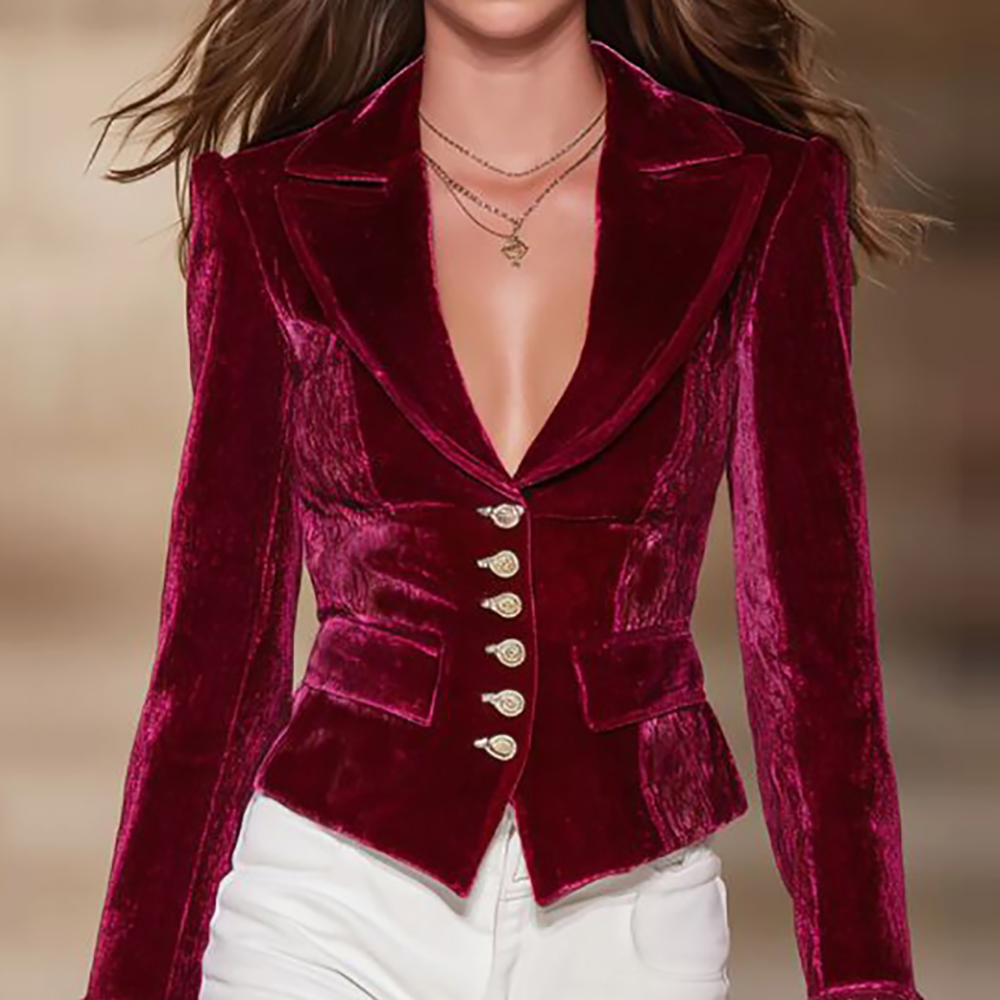 Velvet Blazer Vintage - 女性のエレガントなベルベットブレザーバーガンディシングルブレストレース長袖スリムフィットラペルアウタートップヴィンテージファッションジャケット