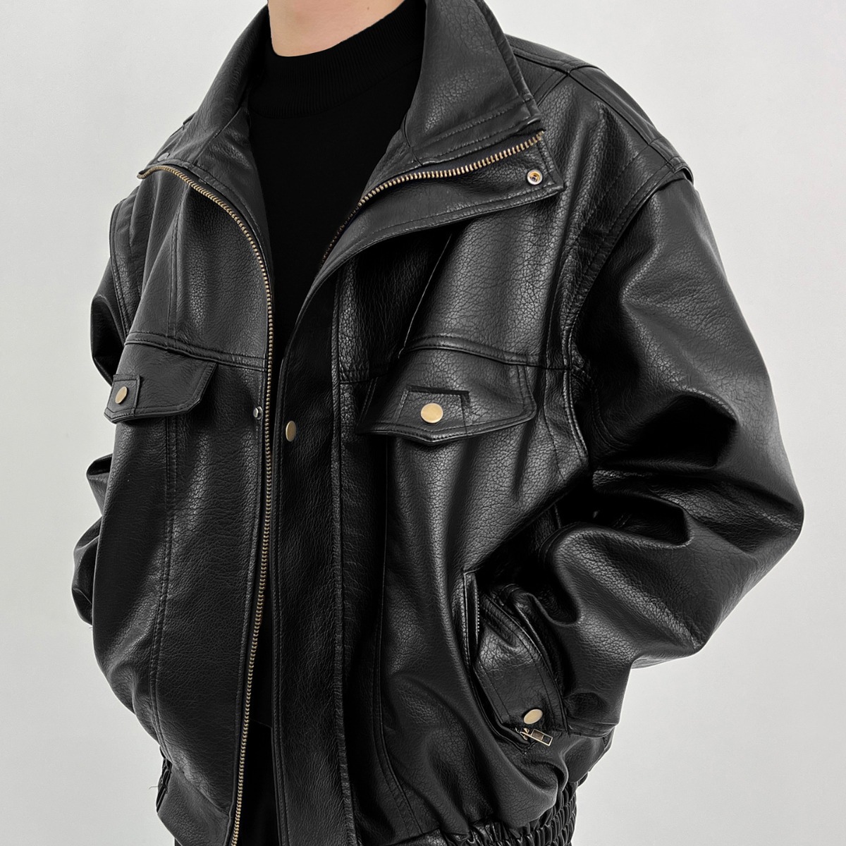 Vintage Windbreaker Nylon - Pu レザーメンズ厚みのあるバイカージャケット、アメリカンヴィンテージメンズウインドブレーカー、男性用春秋ショートコート