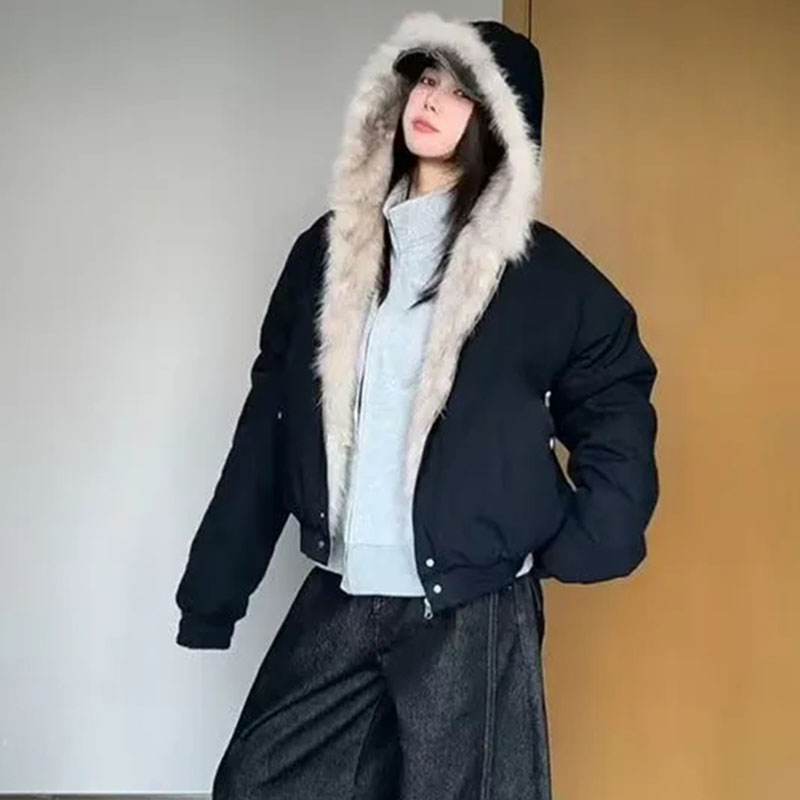 Velvet Blazer Vintage - 秋冬暖かいプラスベルベットジャケット女性アメリカンヴィンテージフード付きショート生き抜く女性カジュアルルーズぬいぐるみネックコットンコート