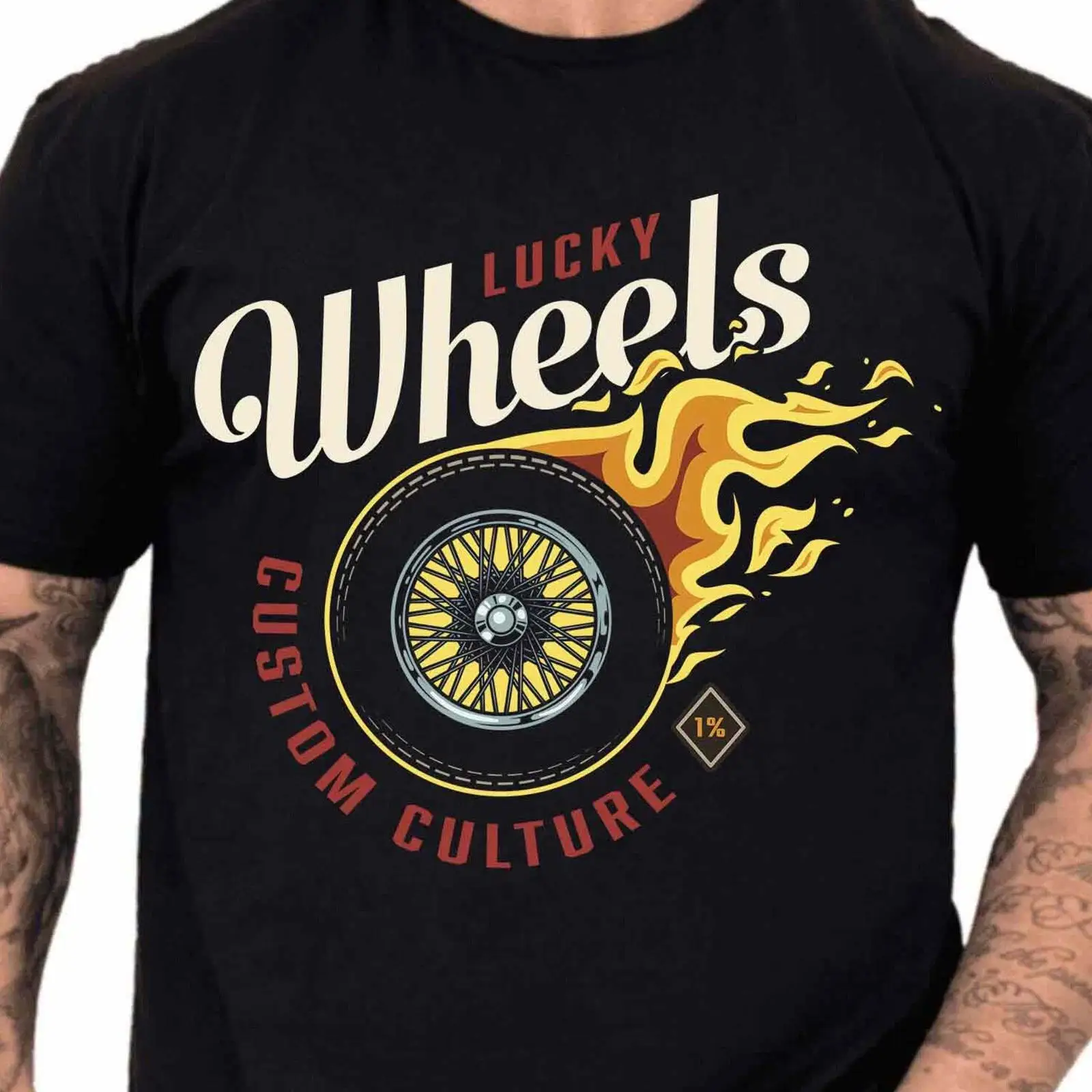 Vintage Fashion Wheel - ラッキーホイールズ カスタム Tシャツ フレーミングタイヤカルチャー ホットロッド バイカー