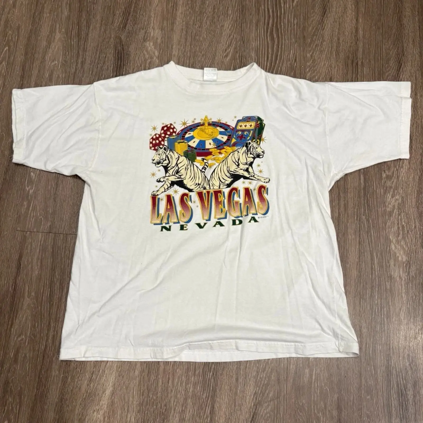 Vintage Vegas Fashion - ラスベガスカジノタイガーTシャツ メンズ Lサイズ ホワイト コットン クルーネック