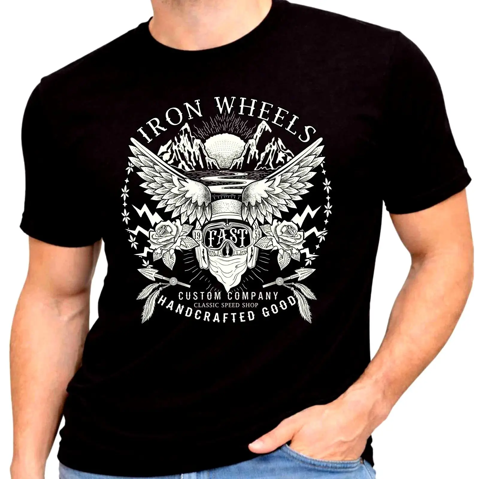 Vintage Fashion Wheel - アイアンホイールズファストモーターサイクルウィングスヴィンテージライダーTシャツヴィンテージウォッシュドユニセックス快適なグラフィックソフトファッションストリートウェアオム