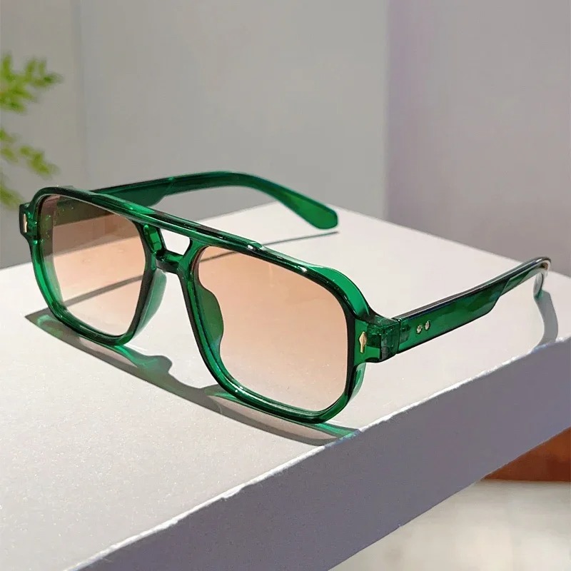 Vintage Fashion Glasses - 新しいヴィンテージダブルブリッジスクエアサングラスファッションリベットオーシャンレンズ UV400 メガネ女性トレンド旅行サングラス