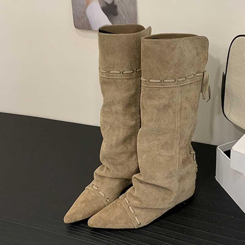 Vintage Fashion Design - Liyke ファッションデザイン巾着レースアップニーハイブーツ女性ヴィンテージポインテッドトゥ内側高さ増加ロング靴 Bota Ş Mujer