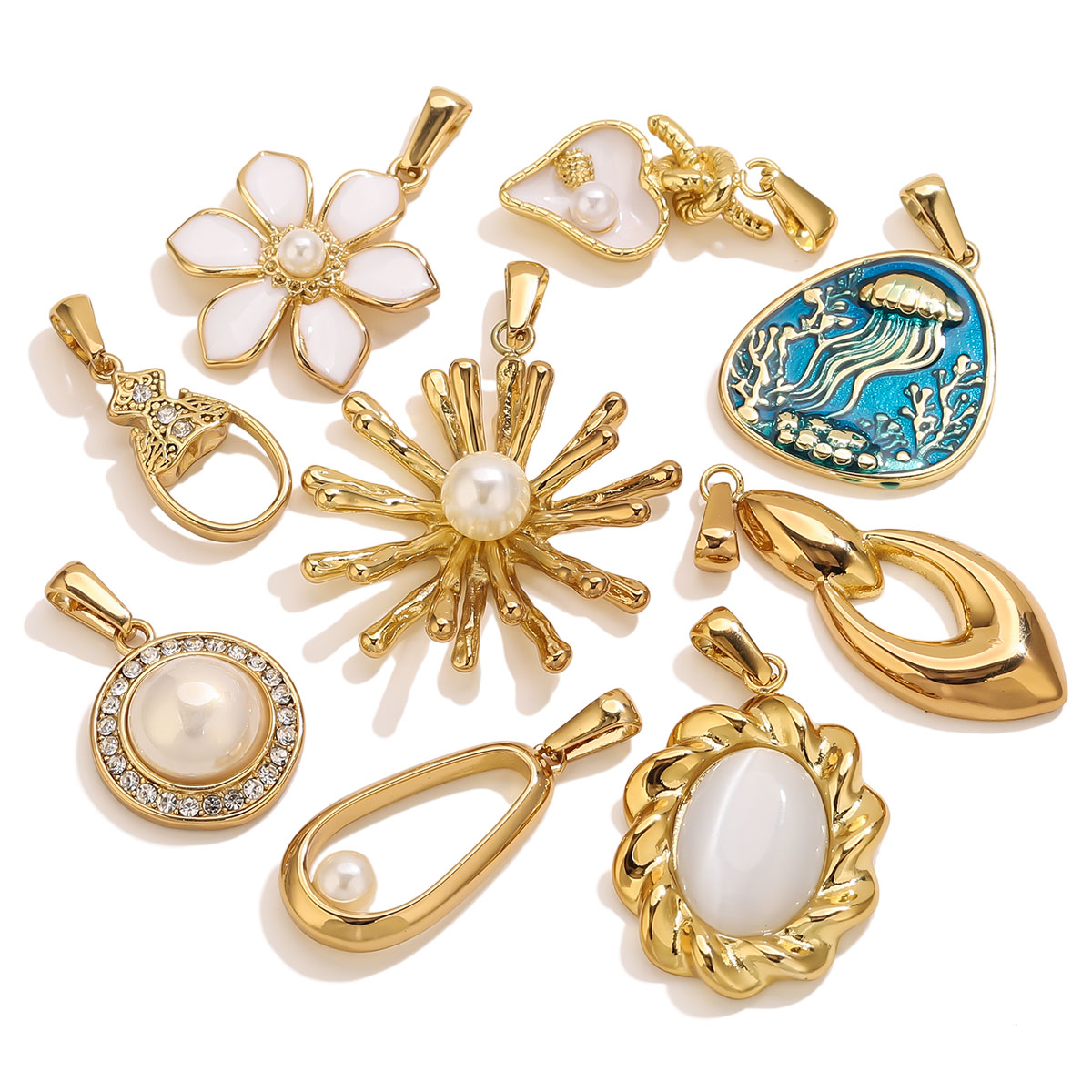Vintage Fashion Jewelry Necklaces - 1個入り 18K金メッキステンレススチール製フラワーチャーム ヴィンテージハートミックスパールペンダント DIYネックレスジュエリーアクセサリーギフト用