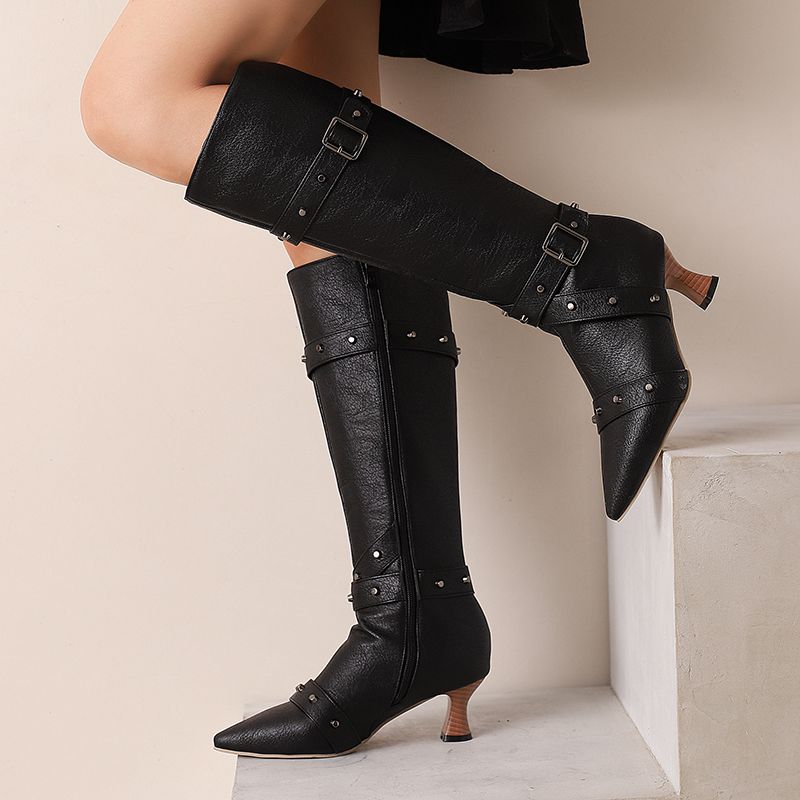 Vintage Fashion Ladies - Girseaby レディース 膝丈ブーツ ポインテッドトゥ ヒール ジップ