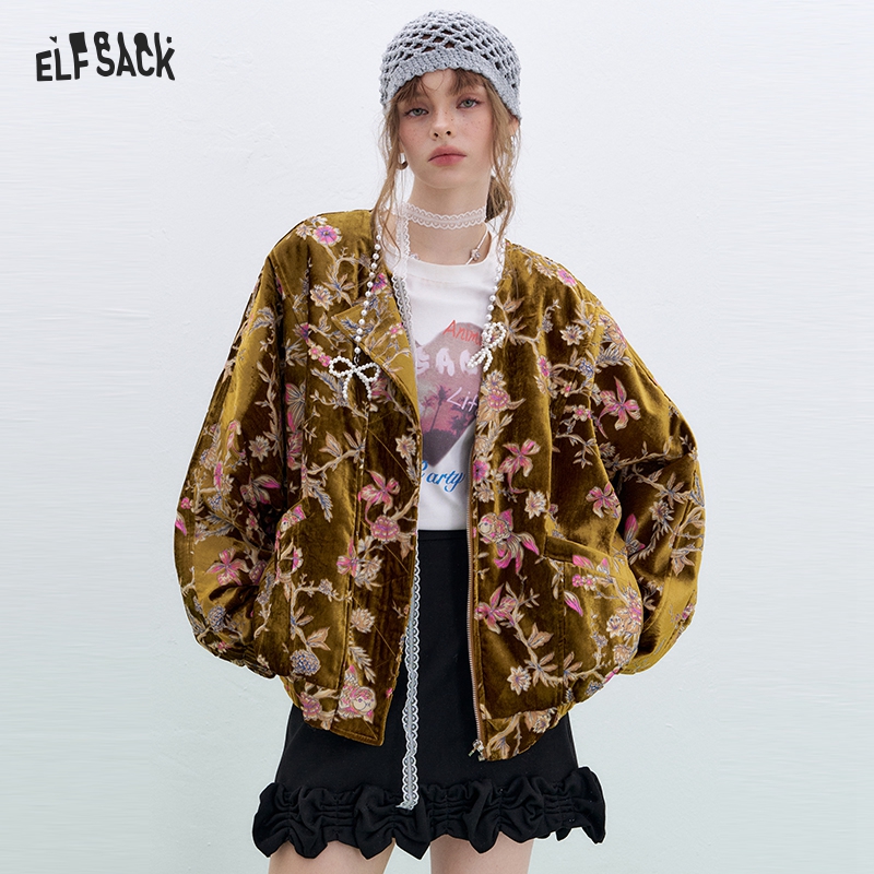 Velvet Blazer Vintage - ELFSACK ゴールドベルベットジャケット レディース 冬用ショートコート 刺繍金魚中国風ヴィンテージルーズパッド入りジャケット