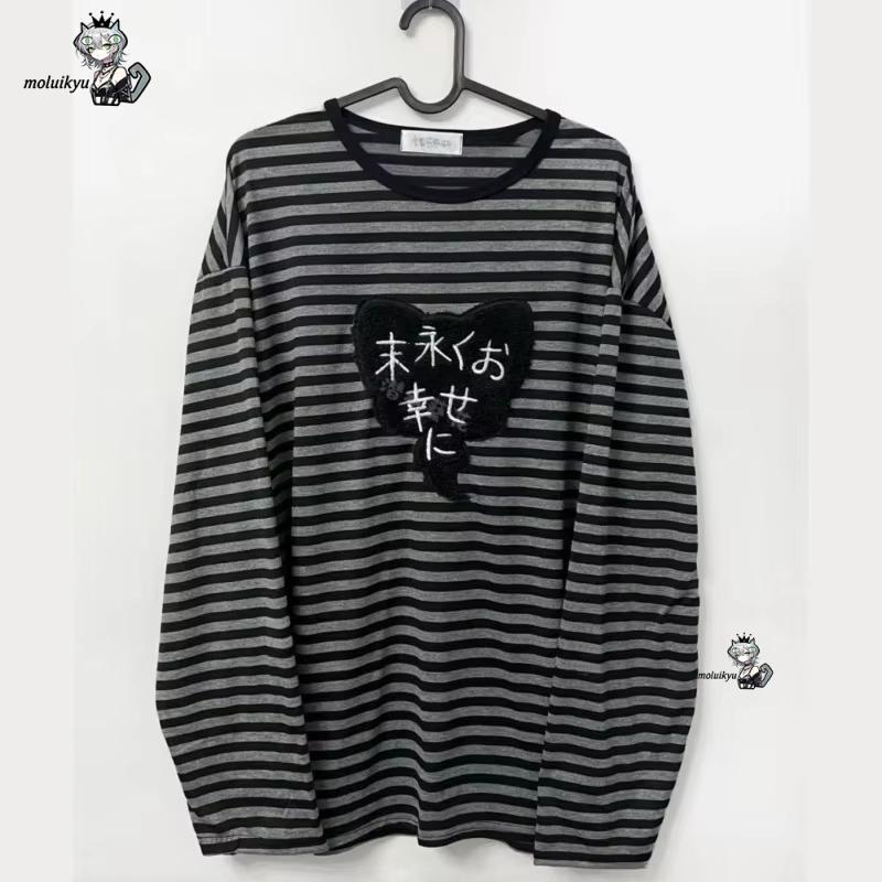 Vintage Fashion Design - Y2K アメリカンパンクヴィンテージ O ネック長袖シャツオールマッチストライプデザイン原宿刺繍トップス美的ハイストリート Tシャツ