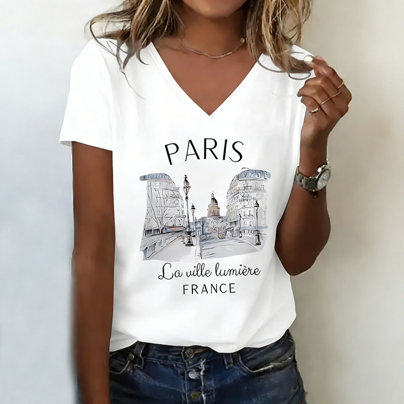 Vintage Fashion Paris - ヴィンテージパリ Tシャツ V ネックカジュアルファッション Y2k レトロパリ
