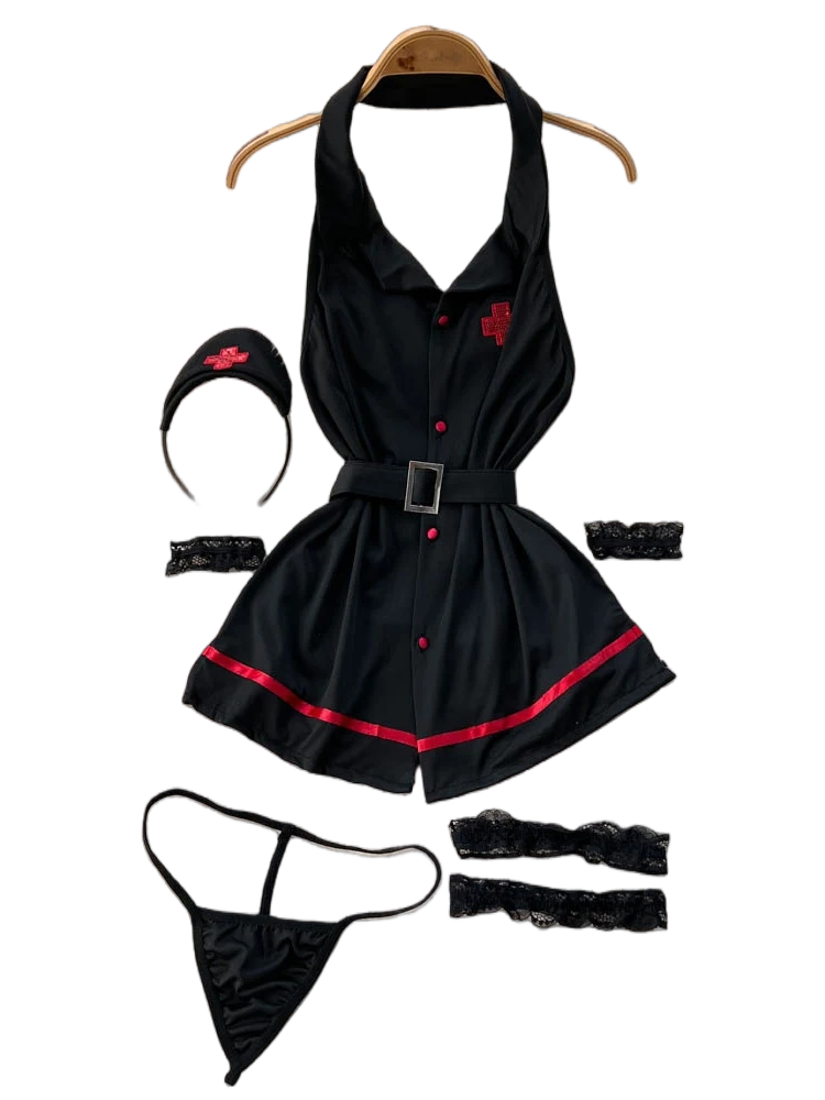 Vintage Fashion Ladies - エロティックファッションセクシーなホルターランジェリードレス夏 V ネックヴィンテージベルトスリムランジェリー女性背中の開いたセクシュアリティクラブランジェリーセット