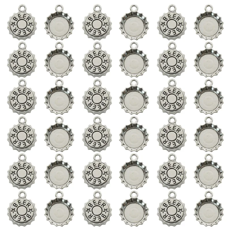 Vintage Fashion Jewelry Necklaces - アンティークシルバーメッキビールキャップチャーム、DIYイヤリングネックレス用合金金属ペンダント、ジュエリー作りアクセサリー用品、15個