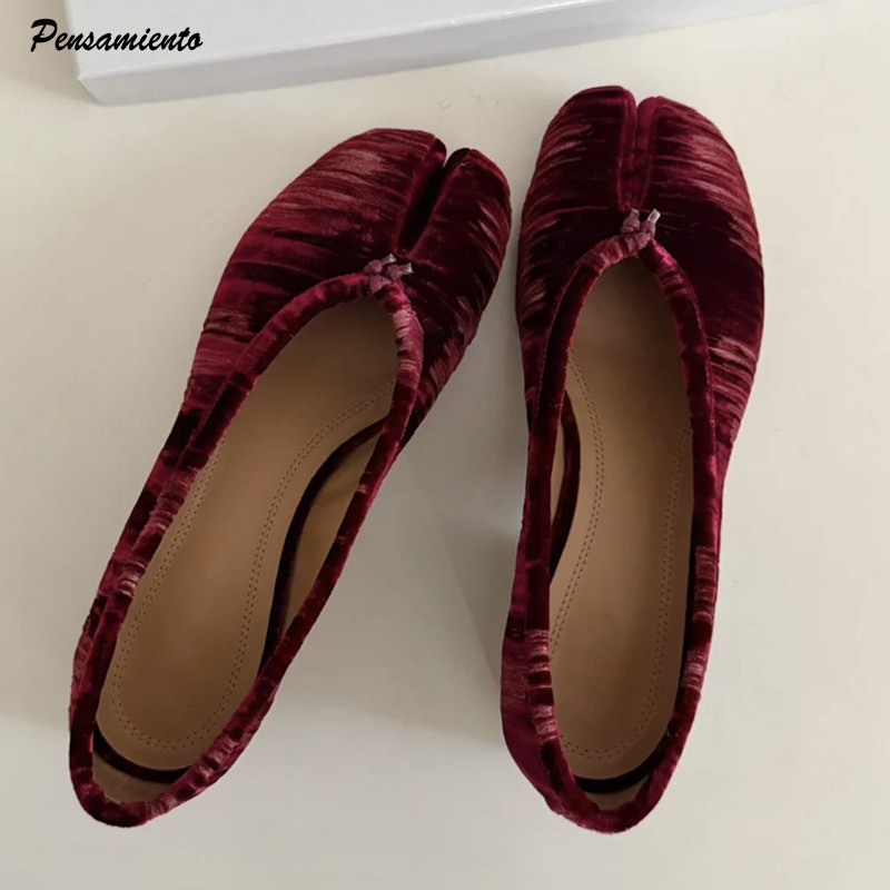 Vintage Fashion Ladies - ファッションプリーツデザイナーフランネルスプリットトゥ女性用バレエパンプスヴィンテージローヒールタビローファーカジュアルソフトソールウォーキングシューズ