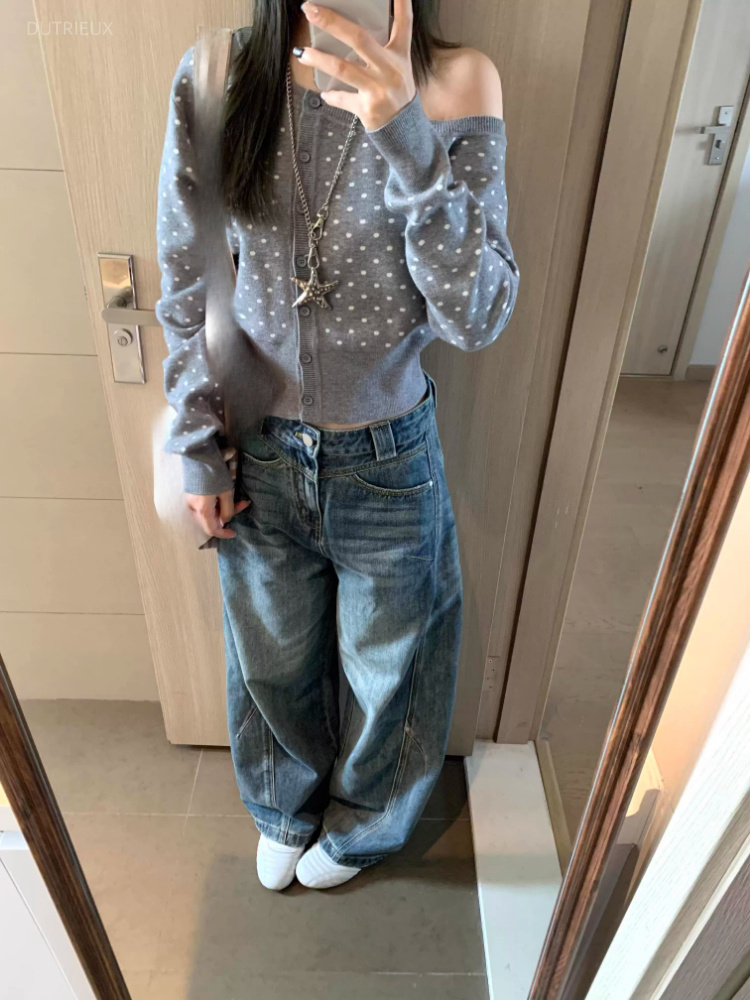 Crop Cardigan Vintage - Y2k 美的センスのある斜め襟ポルカドットカーディガンシングルブレストヴィンテージクロップドグランジトップス 2026 秋原宿スリムフィットセーター