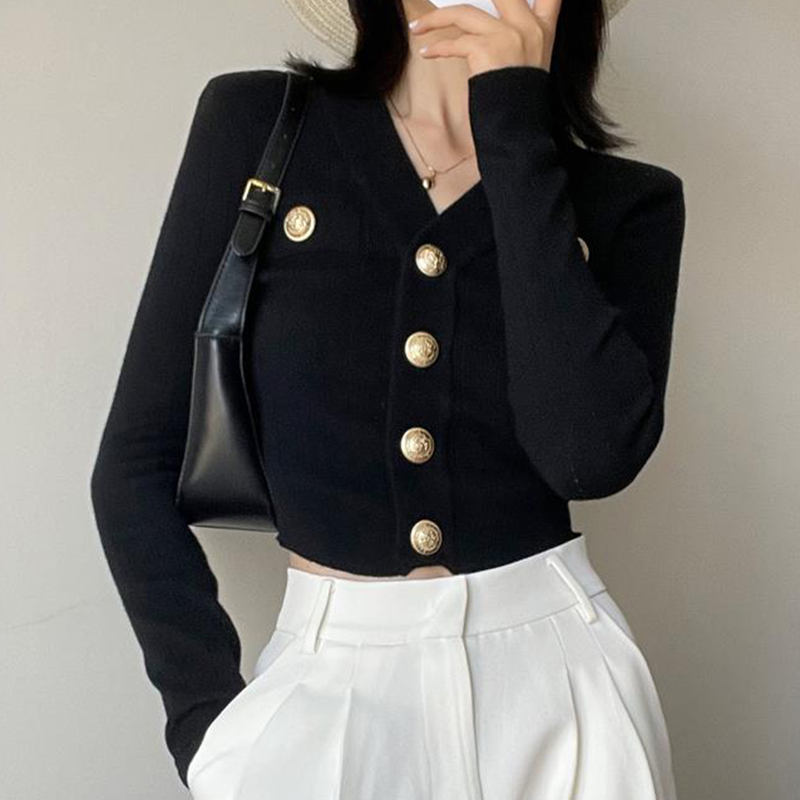 Crop Cardigan Vintage - ゴールドボタンフロントニットカーディガン女性長袖クロップセータージャケットフィットトップ十代の女の子秋冬ヴィンテージ 90 年代衣装