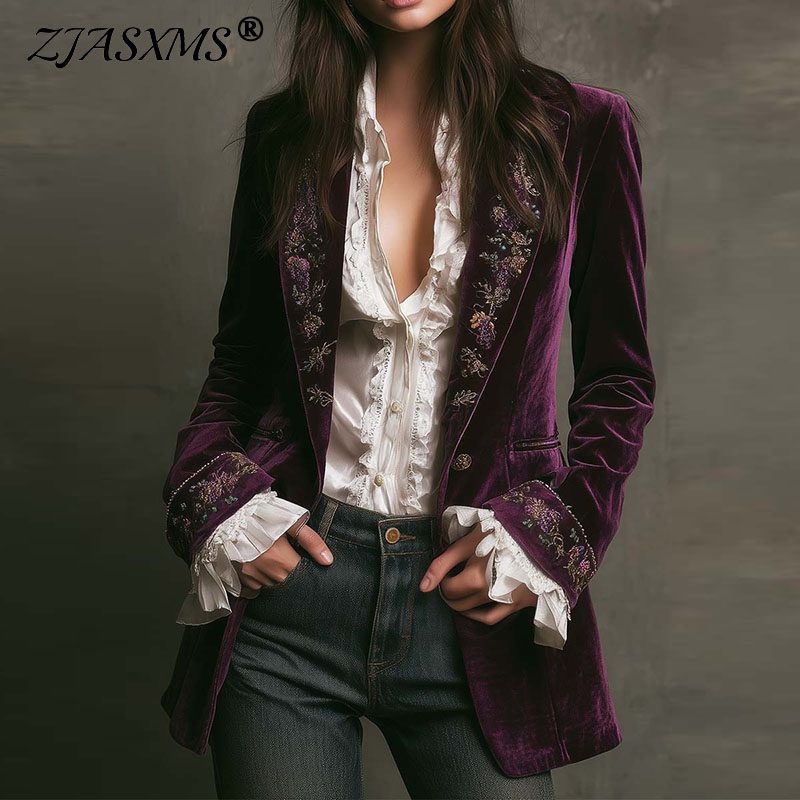 Velvet Blazer Vintage - 新しい女性の冬のコートやジャケットヴィンテージ花柄プリントラペルネックベルベットアウターウェア長袖秋カーディガン女性服