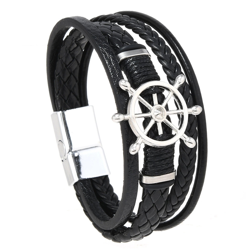 Vintage Fashion Wheel - ヴィンテージジュエリー多層編み込みレザーブレスレット、船輪チャーム付き、マグネットバックル、メンズ向け、新品