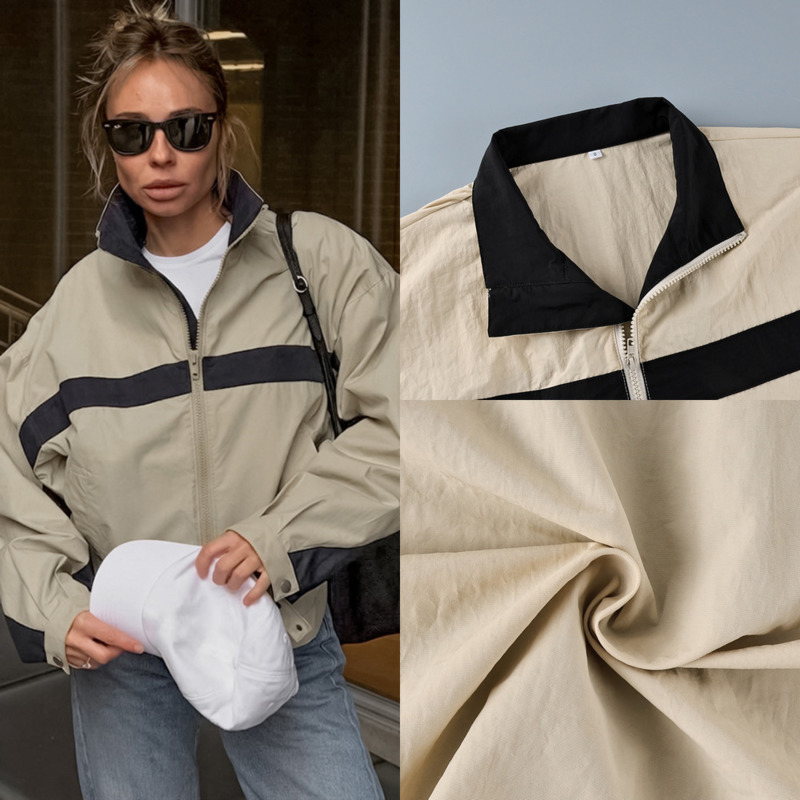 Vintage Windbreaker Nylon - 女性カラーブロックウインドブレーカージャケットスタンドカラージップアップルーズカジュアルコート秋冬ヴィンテージストリートアウター新スタイル