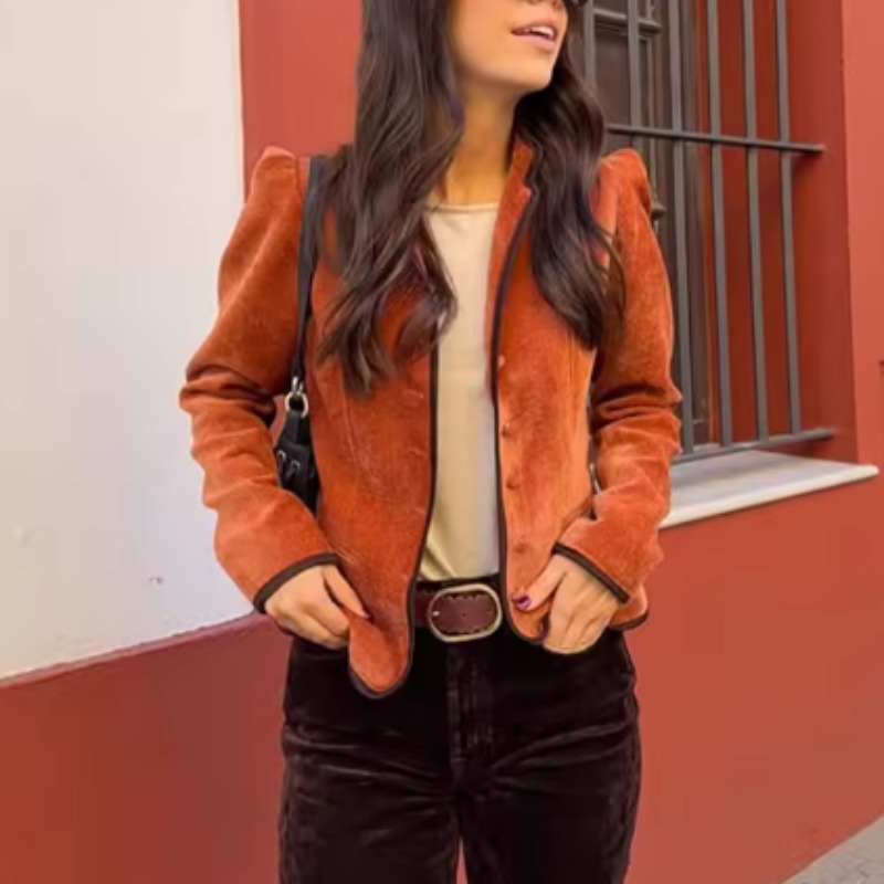 Velvet Blazer Vintage - スタンドカラー コントラストパイピングトリム ベルベットブレザー 長袖 シングルブレスト ポケット付き