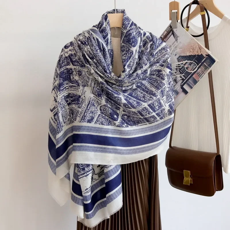 Vintage Fashion Paris - ハイエンドエレガントな女性ヴィンテージパリシティプリント品質高級水溶性ウール手作りフリンジソフト暖かいロングスカーフショール