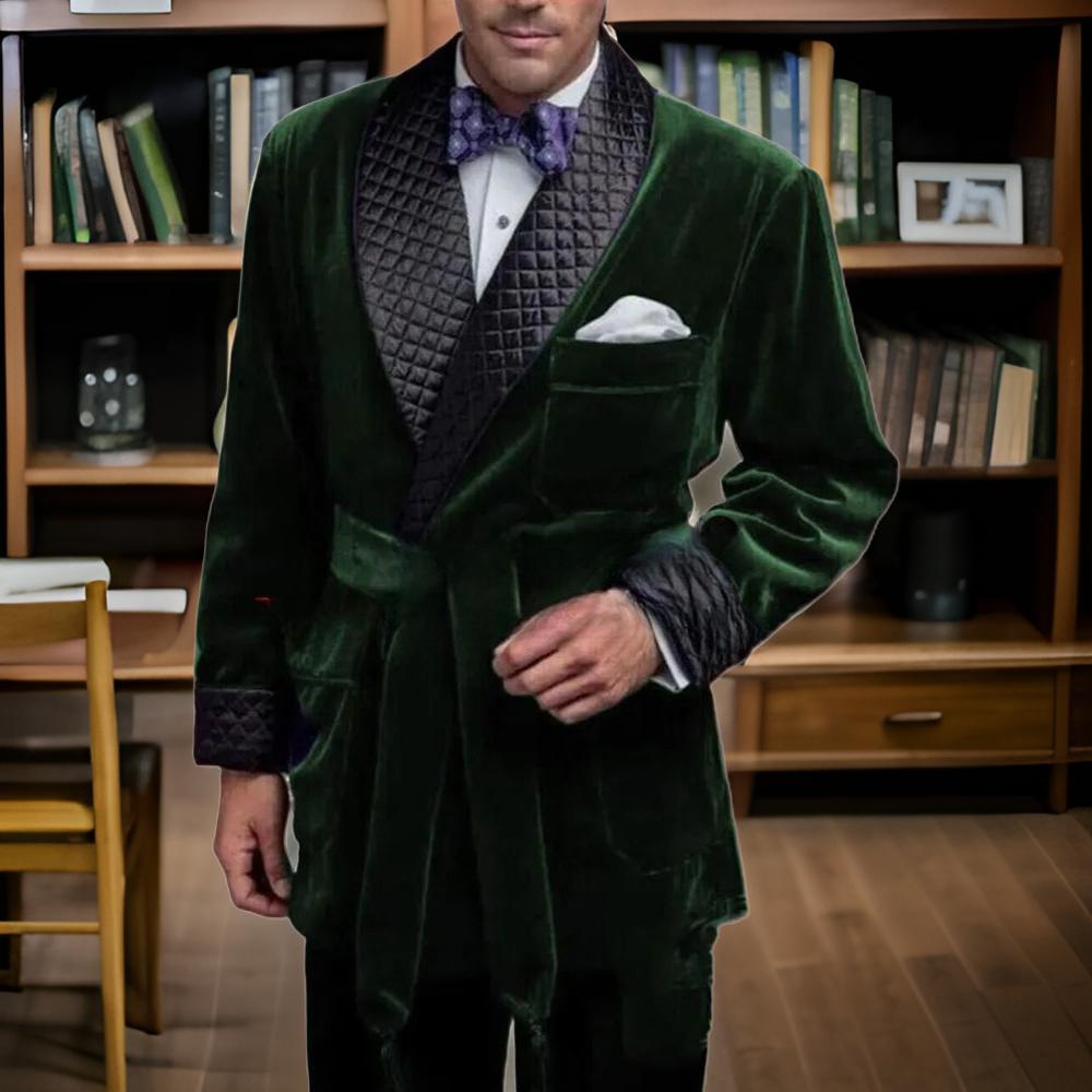 Velvet Blazer Vintage - グリーンベルベット喫煙スーツジャケット男性用ベルト黒ラペルウエディングブレザーカスタムメイド男のディナーイブニングパーティーコート 2025