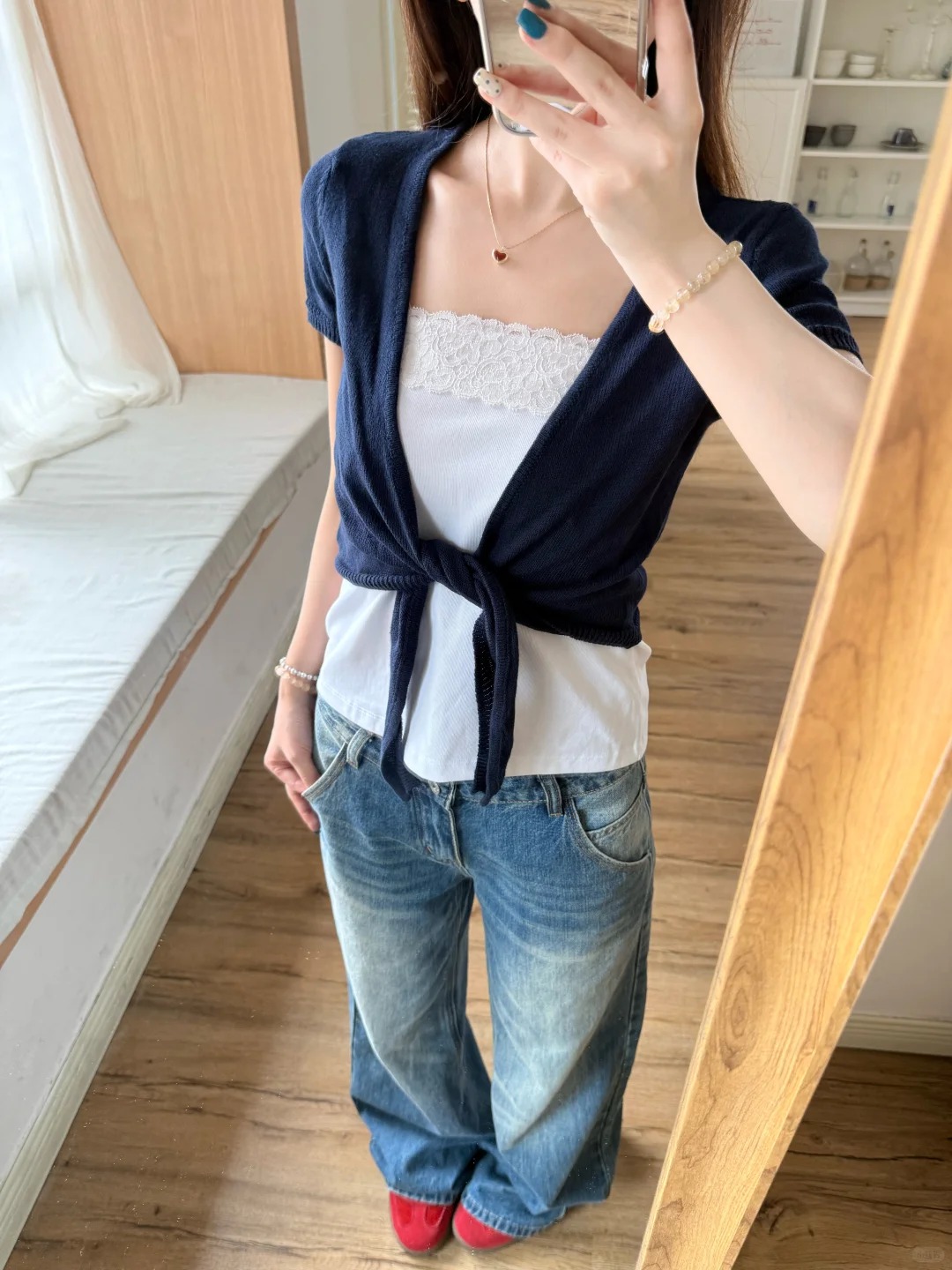 Crop Cardigan Vintage - ネイビーレースアップカーディガン女性綿スリム V ネックニットクロップドスモック半袖 Tシャツヴィンテージシンプルシッククロップトップス Y2K 新しい