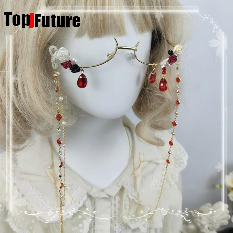 Vintage Fashion Glasses - 女性原宿サブカルチャーロリータガール手作り妖精花柄ハーフフレームメガネエレガントなティアドロップチェーンペンダントヴィンテージメガネ