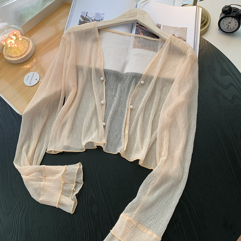 Crop Cardigan Vintage - 2026 ニット薄手セーターカーディガン女性長袖パールセーター Mujer 夏ヴィンテージ甘いシースルークロップドジャケット V ネック