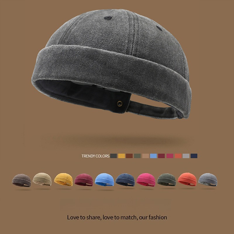 Vintage Fashion Hats - ヴィンテージブリムレススカルキャップレトロソフトコットンドッカーハット男性女性カジュアル暖かいビーニーキャップ調節可能なファッションストリートスタイルランドラー