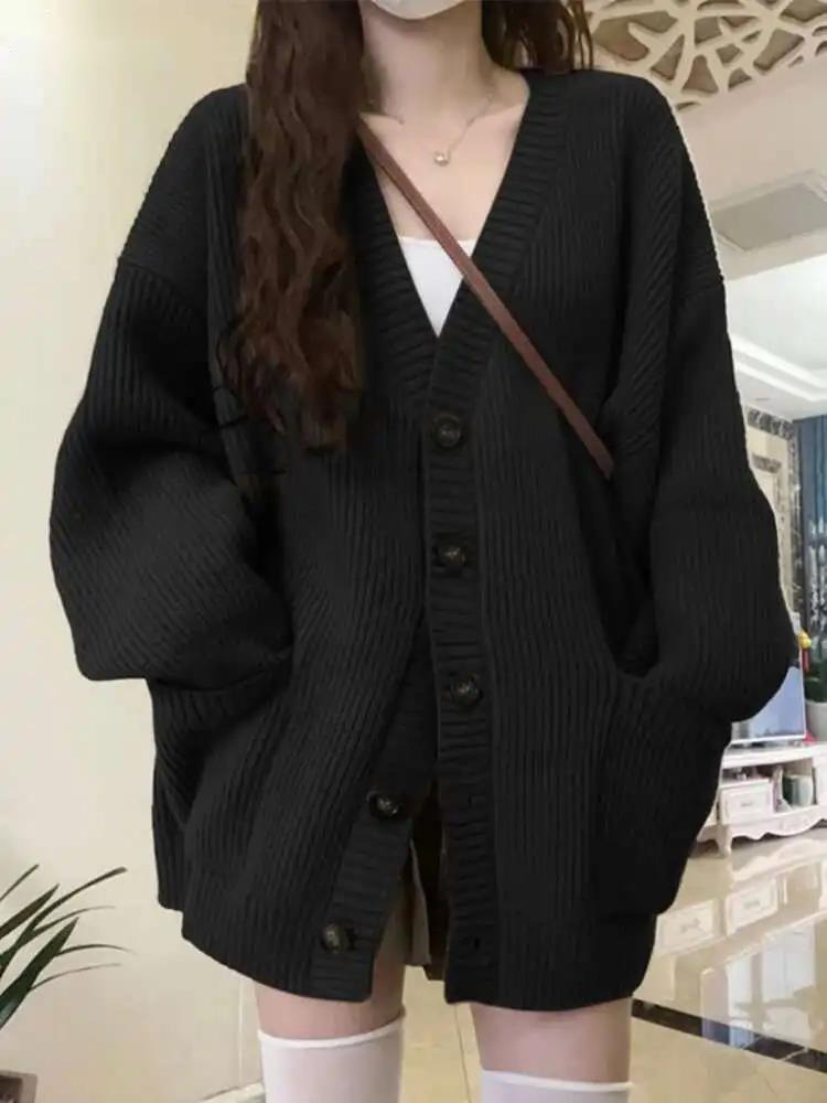 Crop Cardigan Vintage - ルーズカーディガン女性長袖 V ネックニット黒だらしないオールマッチ女性秋冬コート韓国シックなだぶだぶのトップス MLQ9