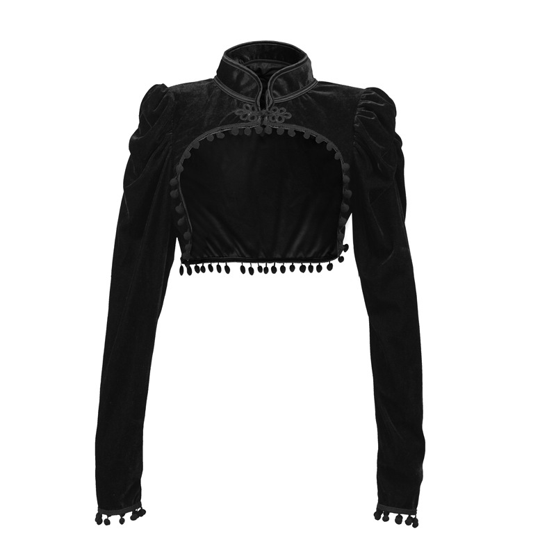 Velvet Blazer Vintage - フランネルタッセルスタンドカラー超短い中世スチームパンクジャケット女性ゴシックコート黒 y2k 服ヴィンテージトップ袖付き