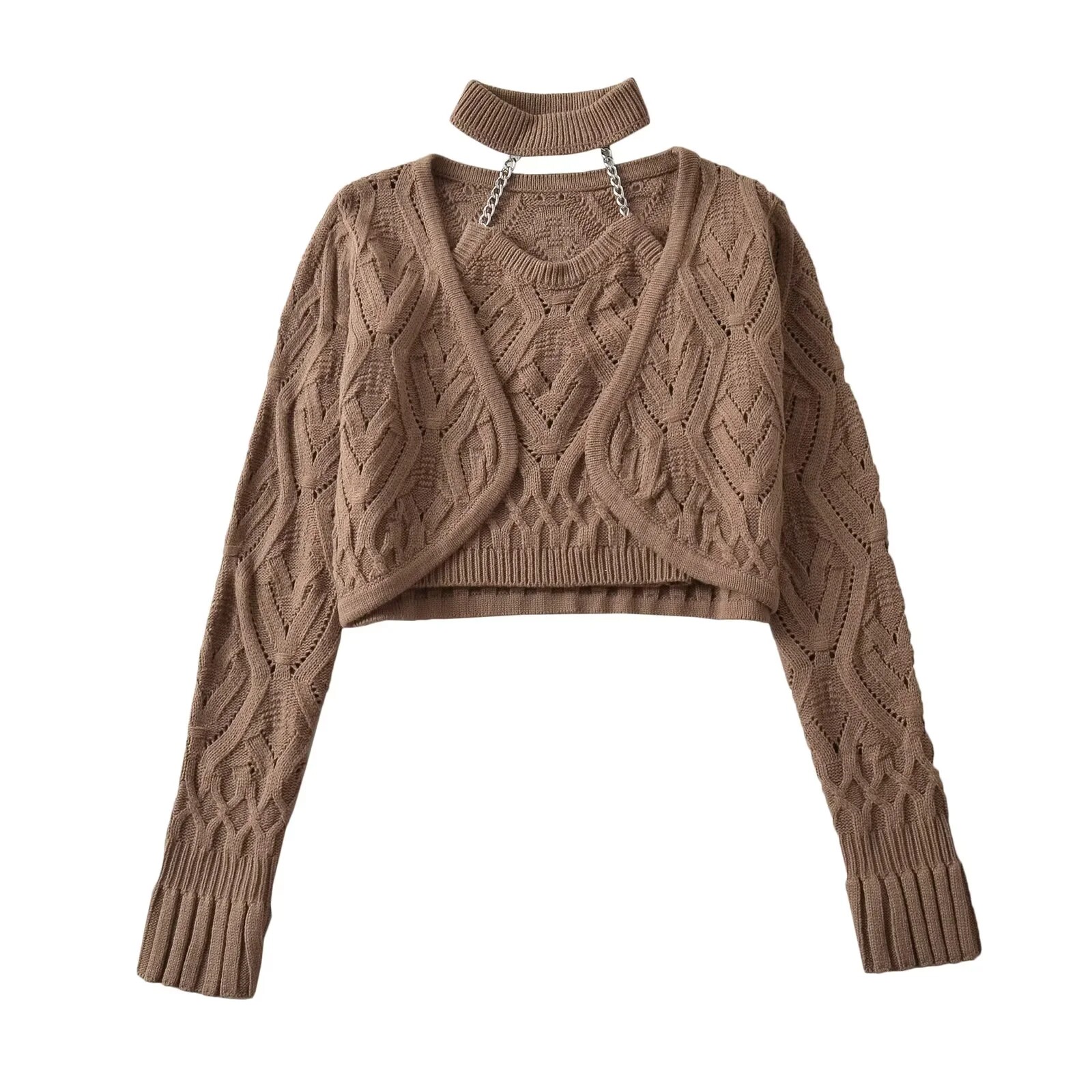 女性用ブラックホルタークロップドキャミトップスーツ長袖ニット - Crop Cardigan Vintage のレビューと価格