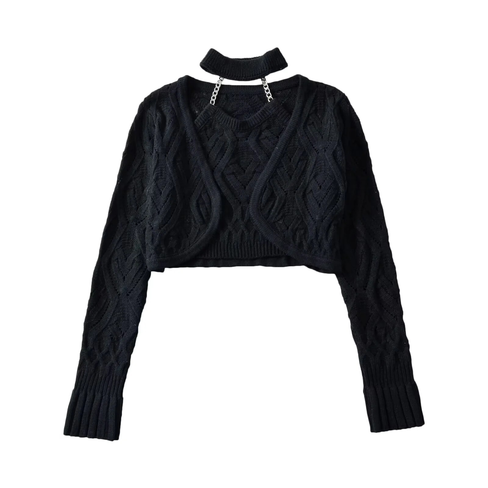 女性用ブラックホルタークロップドキャミトップスーツ長袖ニット - Crop Cardigan Vintage のレビューと価格