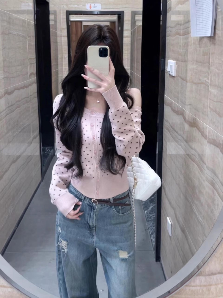 Y2k 美的センスのある斜め襟ポルカドットカーディガンシング - Crop Cardigan Vintage のレビューと価格