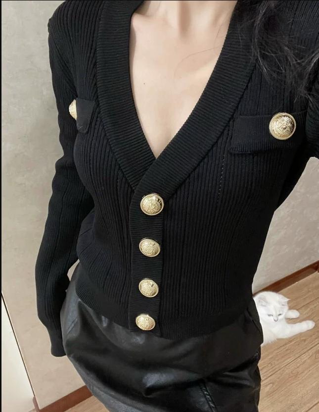 ゴールドボタンフロントニットカーディガン女性長袖クロップセー - Crop Cardigan Vintage のレビューと価格