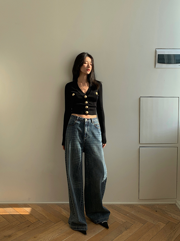 ゴールドボタンフロントニットカーディガン女性長袖クロップセー - Crop Cardigan Vintage のレビューと価格