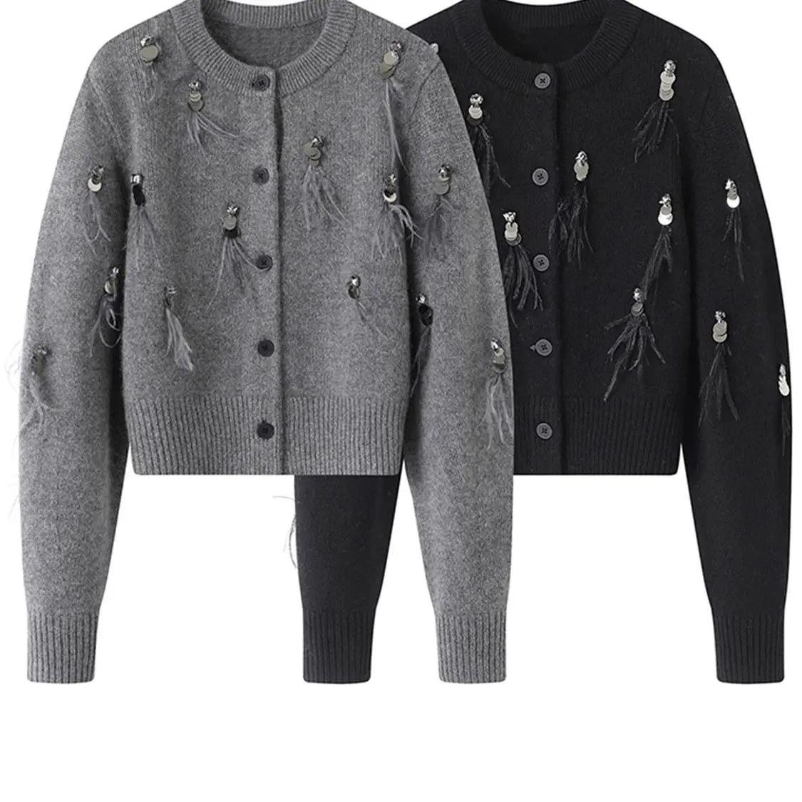 秋冬コートハイエンドニットセーターブラックグレーニットカーデ - Crop Cardigan Vintage のレビューと価格
