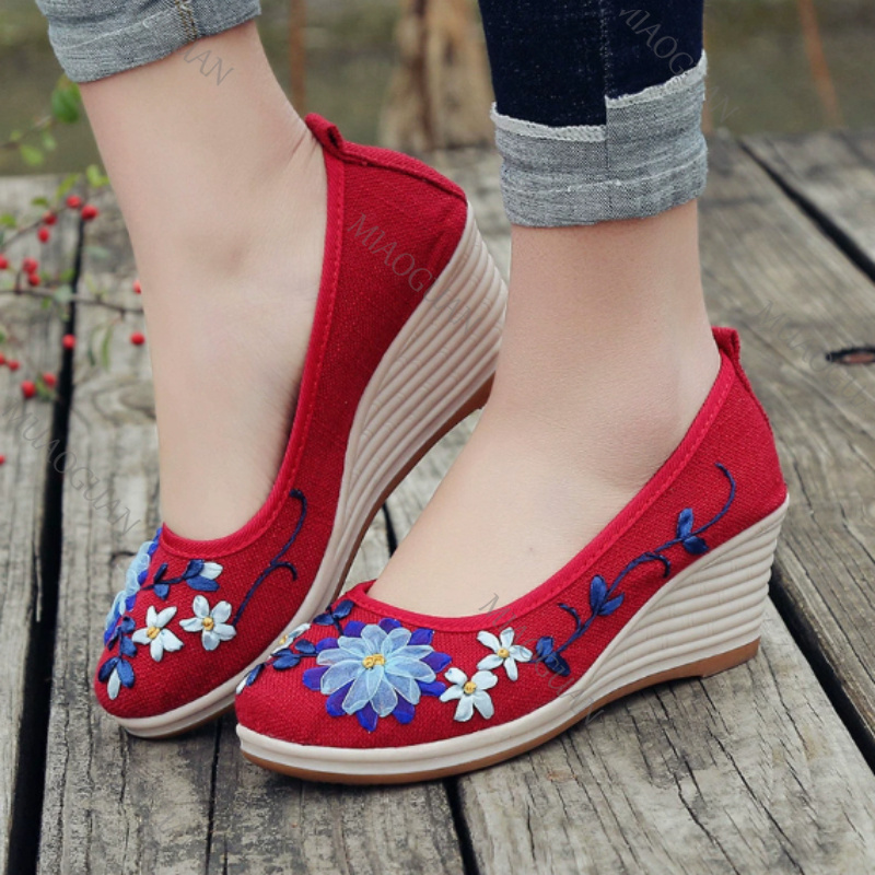 刺繍入り女性用コンフォートウェッジプラットフォームシューズ、 - Vintage Fashion Ladies のレビューと価格