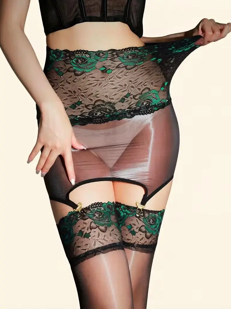 女性用2in1レースオイルグロッシーシャイニーストッキング1 - Vintage Fashion Wear のレビューと価格
