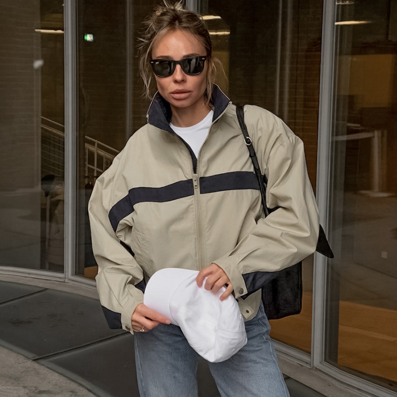 女性カラーブロックウインドブレーカージャケットスタンドカラー - Vintage Windbreaker Nylon のレビューと価格