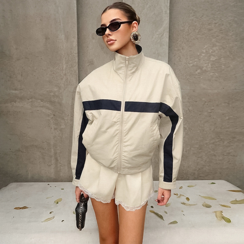 女性カラーブロックウインドブレーカージャケットスタンドカラー - Vintage Windbreaker Nylon のレビューと価格