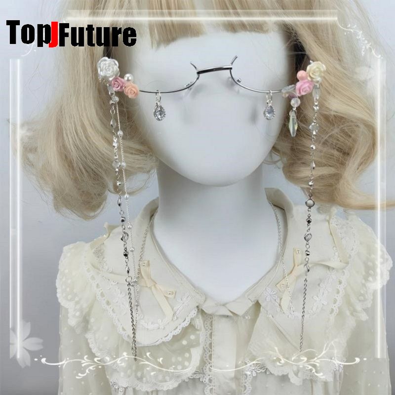 女性原宿サブカルチャーロリータガール手作り妖精花柄ハーフフレ - Vintage Fashion Glasses のレビューと価格
