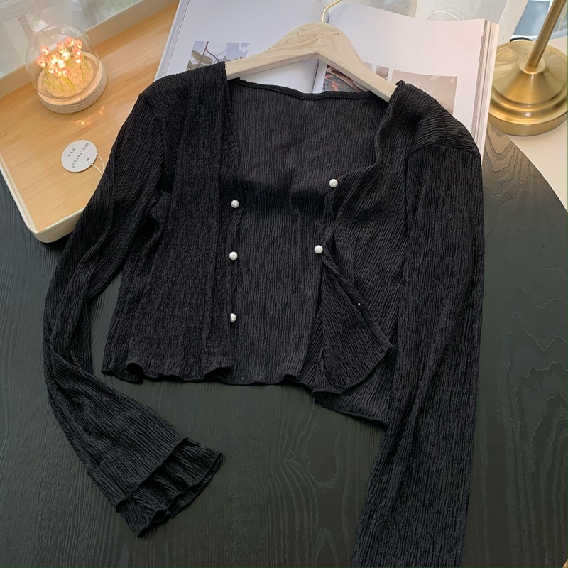 2026 ニット薄手セーターカーディガン女性長袖パールセータ - Crop Cardigan Vintage のレビューと価格