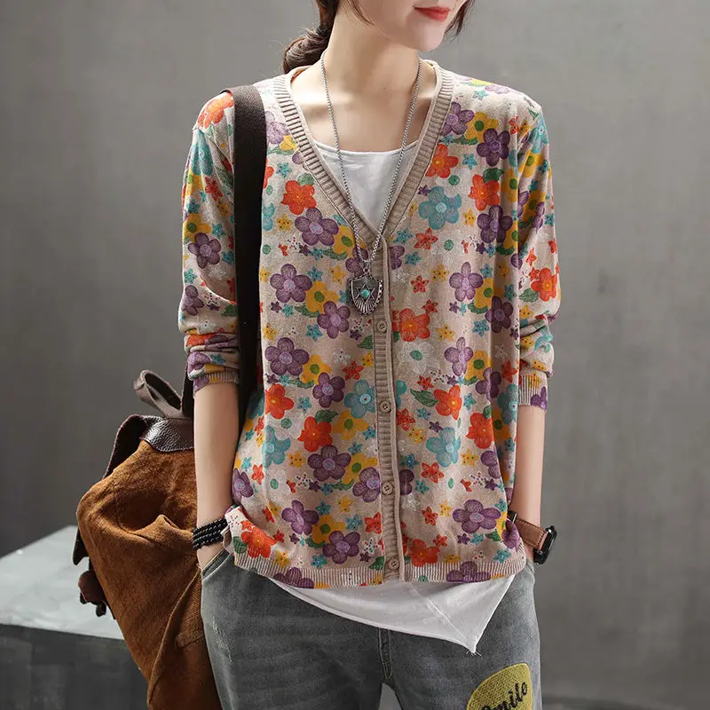ヴィンテージルーズセーターコート春秋長袖 V ネック女性服ジ - Crop Cardigan Vintage のレビューと価格