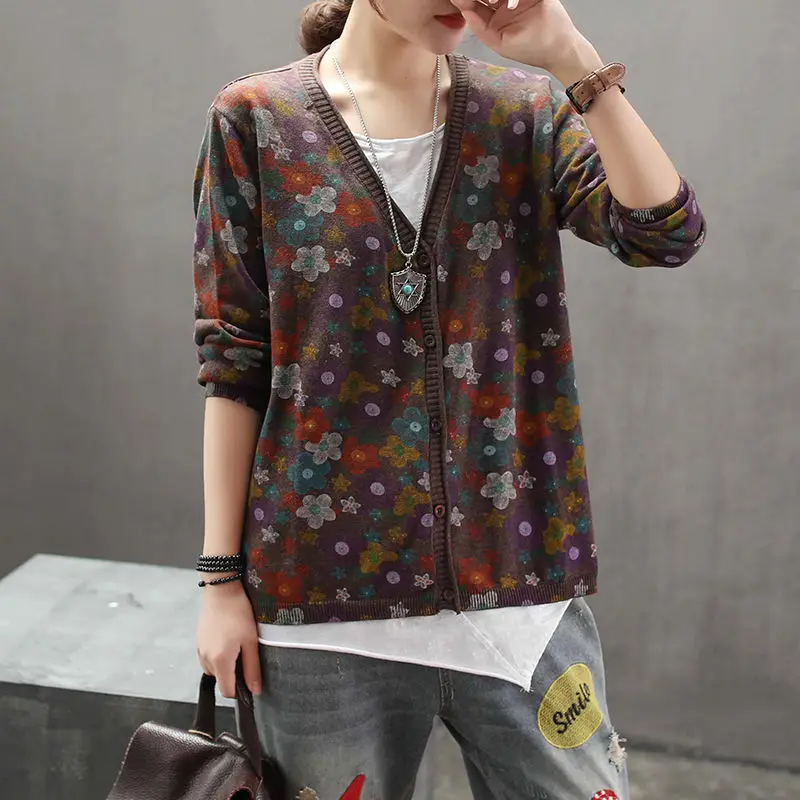 ヴィンテージルーズセーターコート春秋長袖 V ネック女性服ジ - Crop Cardigan Vintage のレビューと価格