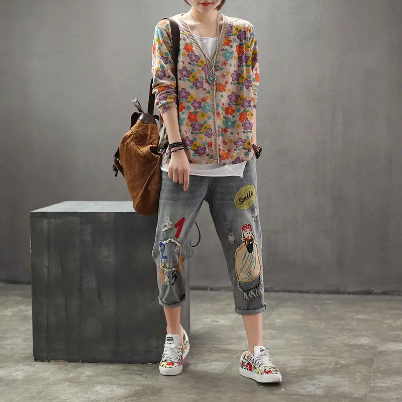 ヴィンテージルーズセーターコート春秋長袖 V ネック女性服ジ - Crop Cardigan Vintage のレビューと価格