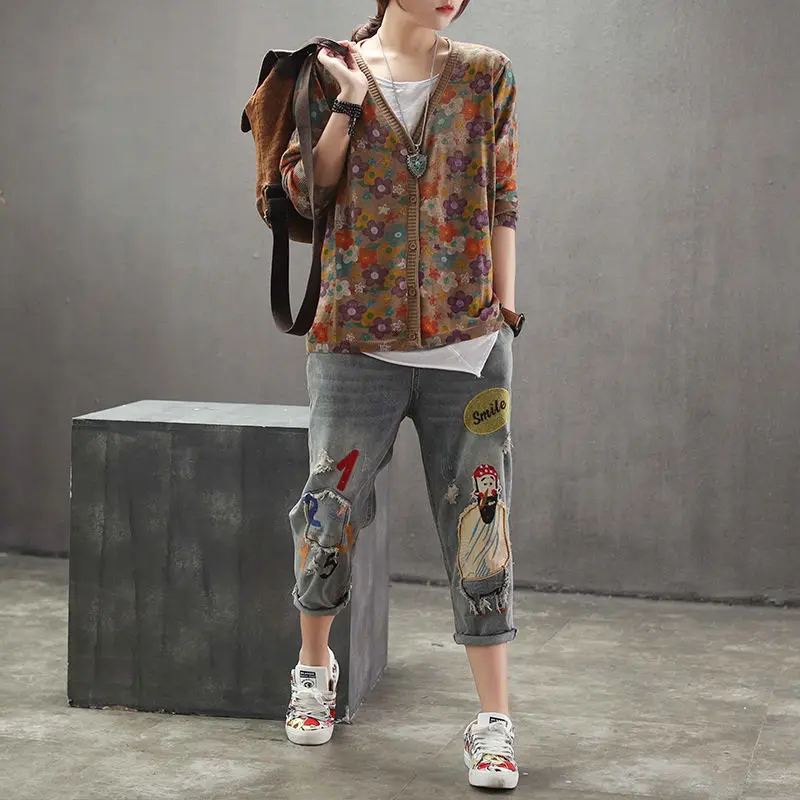 ヴィンテージルーズセーターコート春秋長袖 V ネック女性服ジ - Crop Cardigan Vintage のレビューと価格