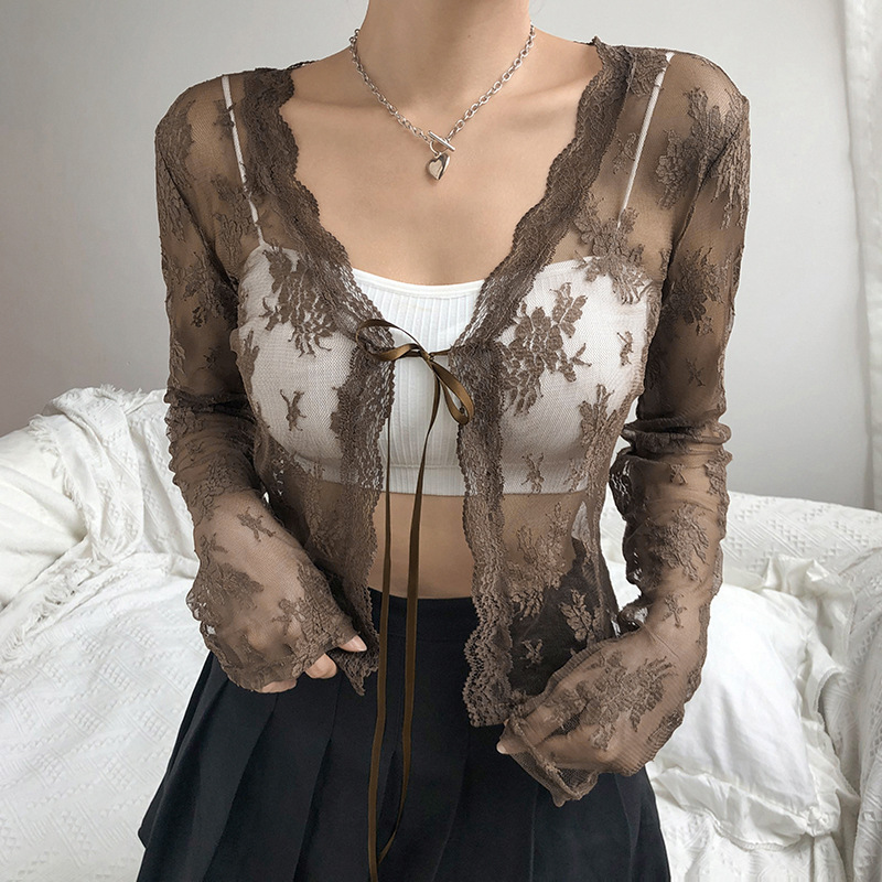 女性シースルーレースメッシュすくめカーディガン長袖 E-gi - Crop Cardigan Vintage のレビューと価格